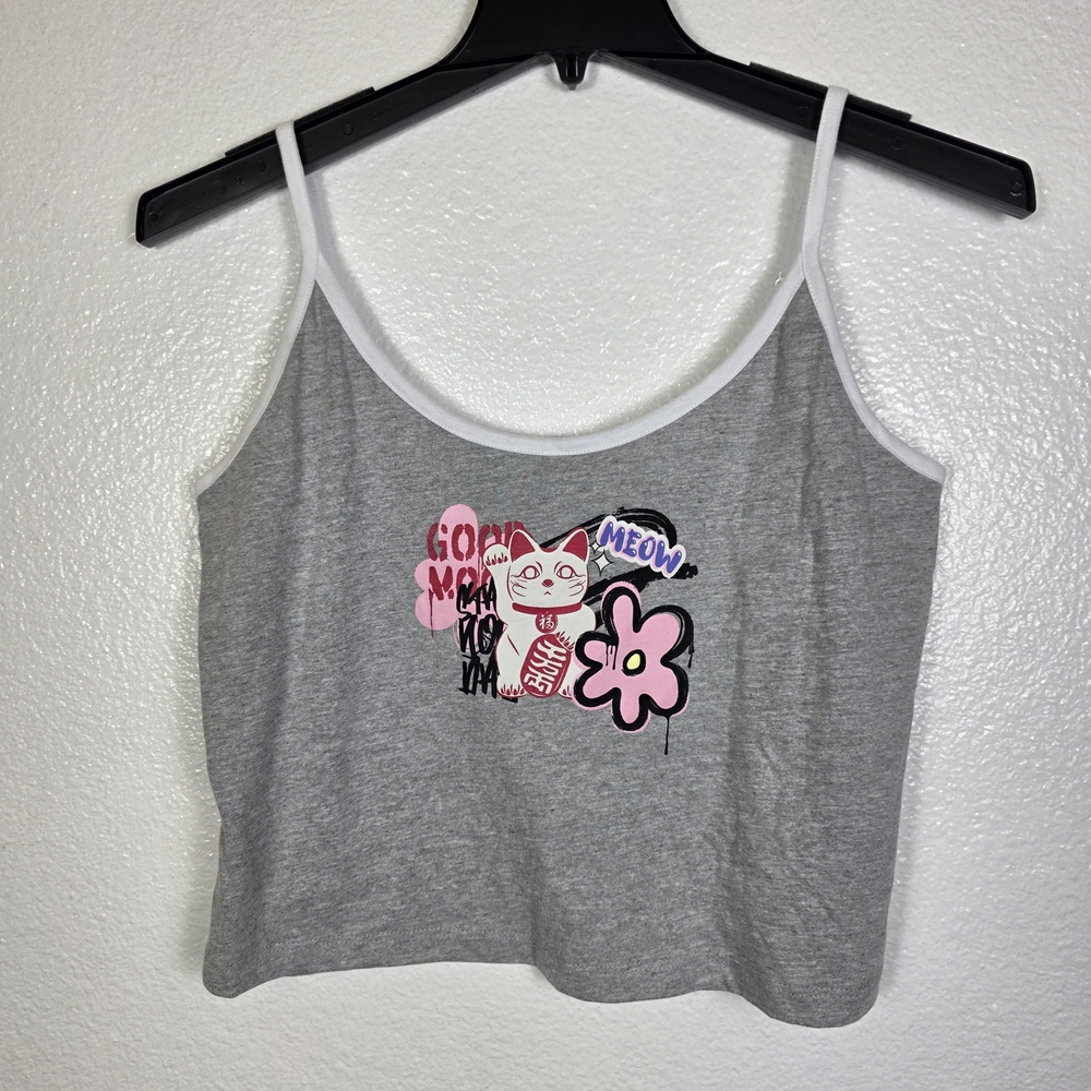 Skinnydip London Gray Graphic Cat Crop Cami Tank Top Size L